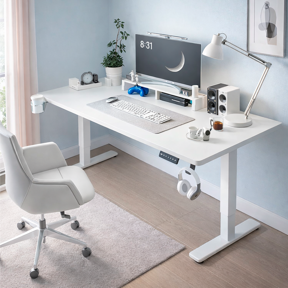 Escritorio eléctrico blanco 68-115 cm vista lateral home office