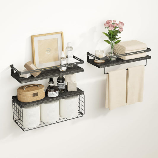 Repisas Flotantes Madera x3 con Reja Estilo Moderno Pino Nano0149