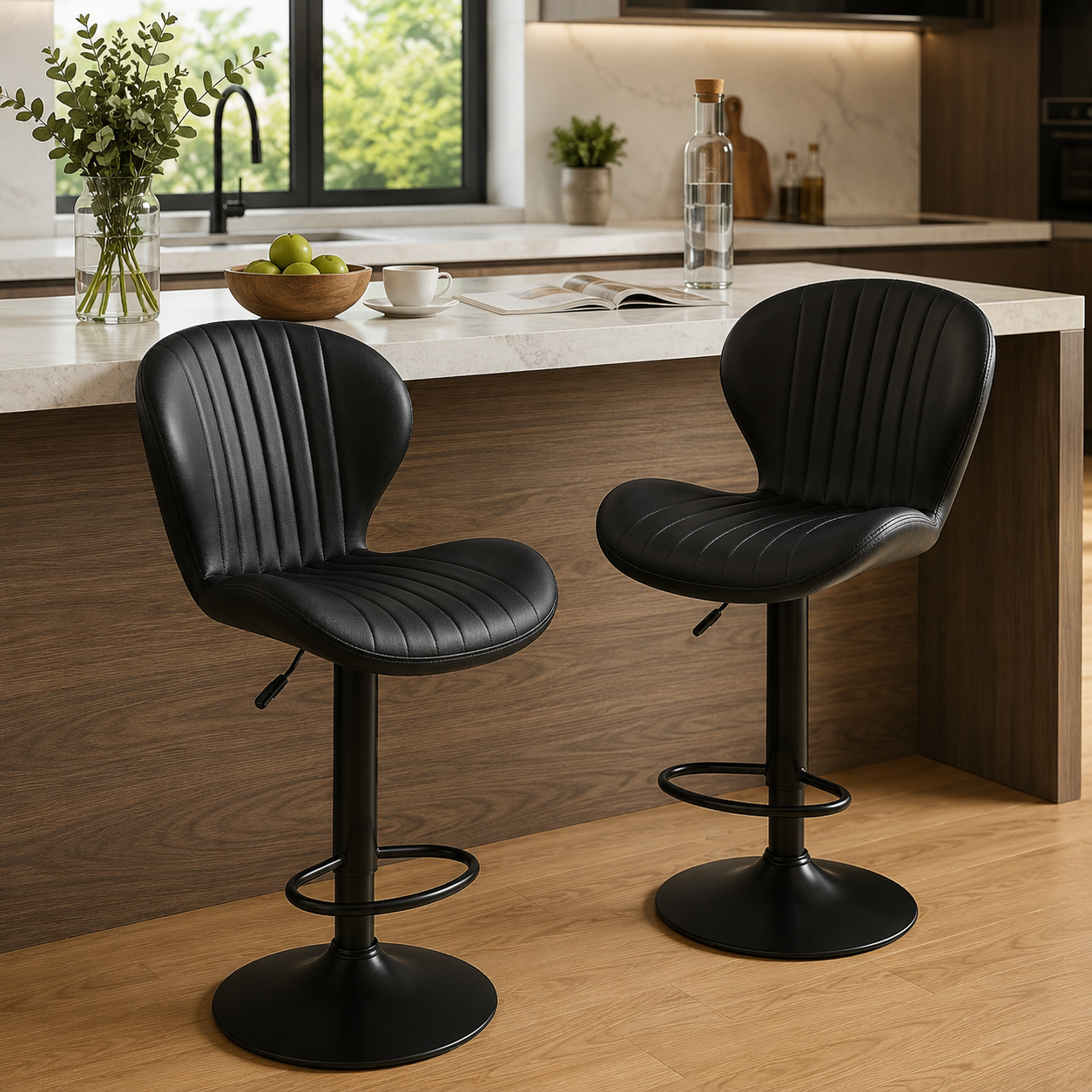 Pack 2 Piso Bar Taburete Ecocuero Respaldo Giratorio SHELL NEGRO CASA BELLA