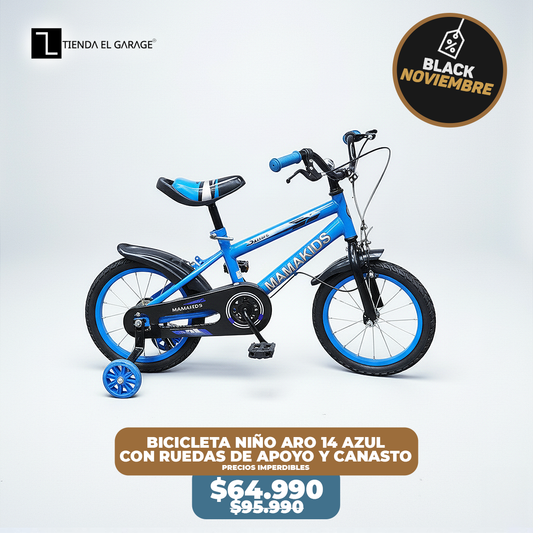 Bicicleta Niño Aro 14 Azul con Rueditas de Apoyo y Canasto