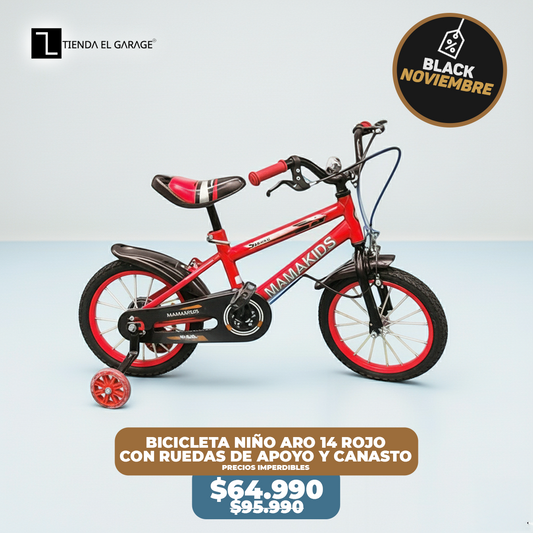 Bicicleta Niño Aro 14 Roja con Rueditas de Apoyo y Canasto