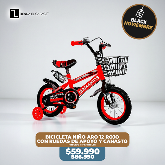 Bicicleta Niño Aro 12 Rojo con Rueditas de Apoyo y Canasto