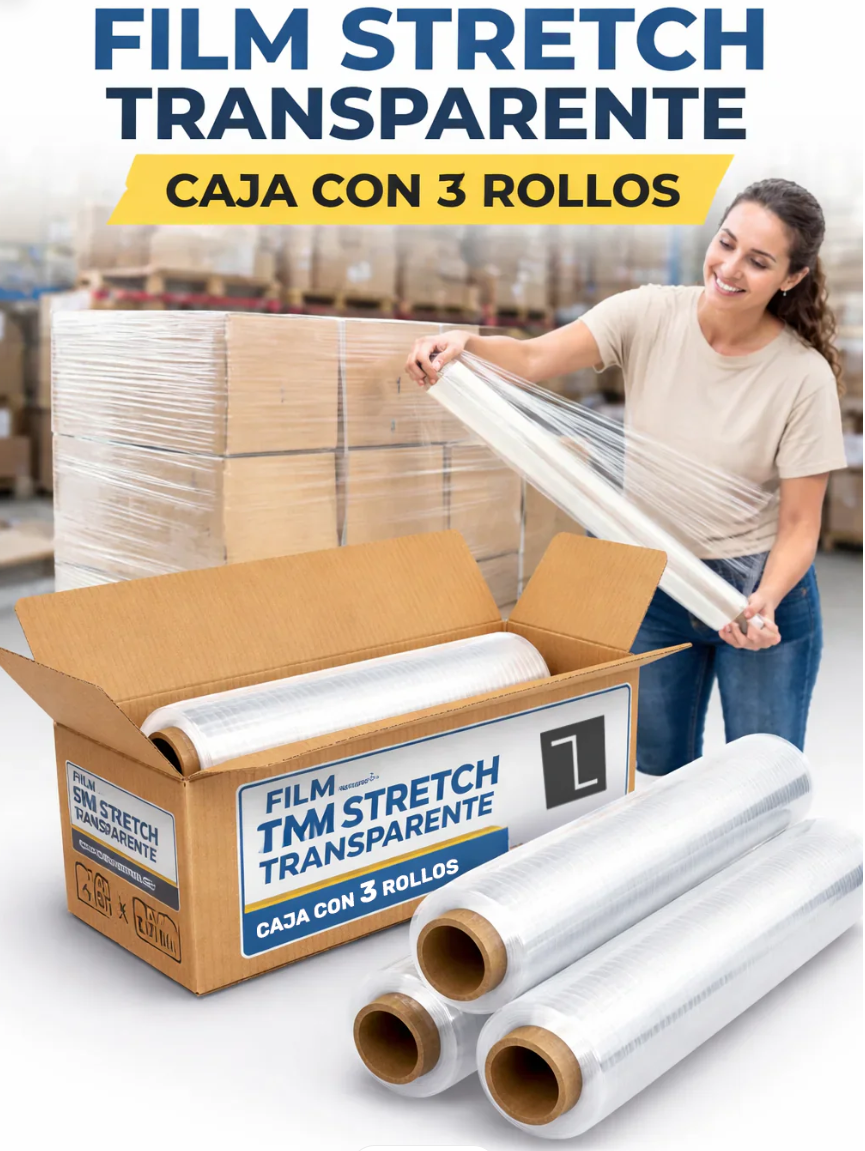 Film stretch transparente caja 3 rollos logística mudanzas