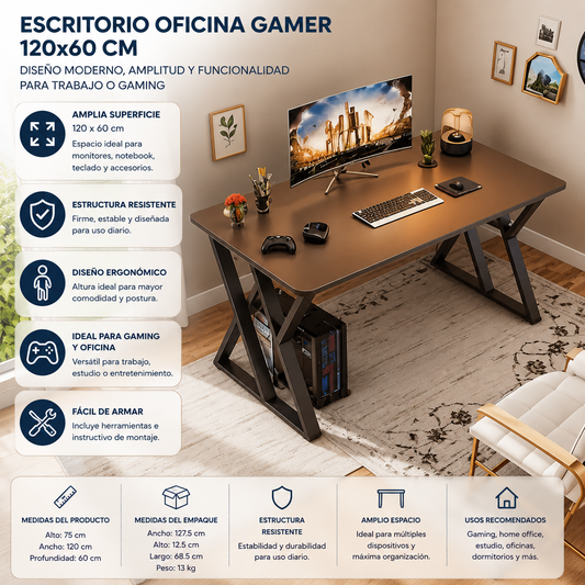 Escritorio Gamer Home Office 120x60 cm Madera Negro Minimalista