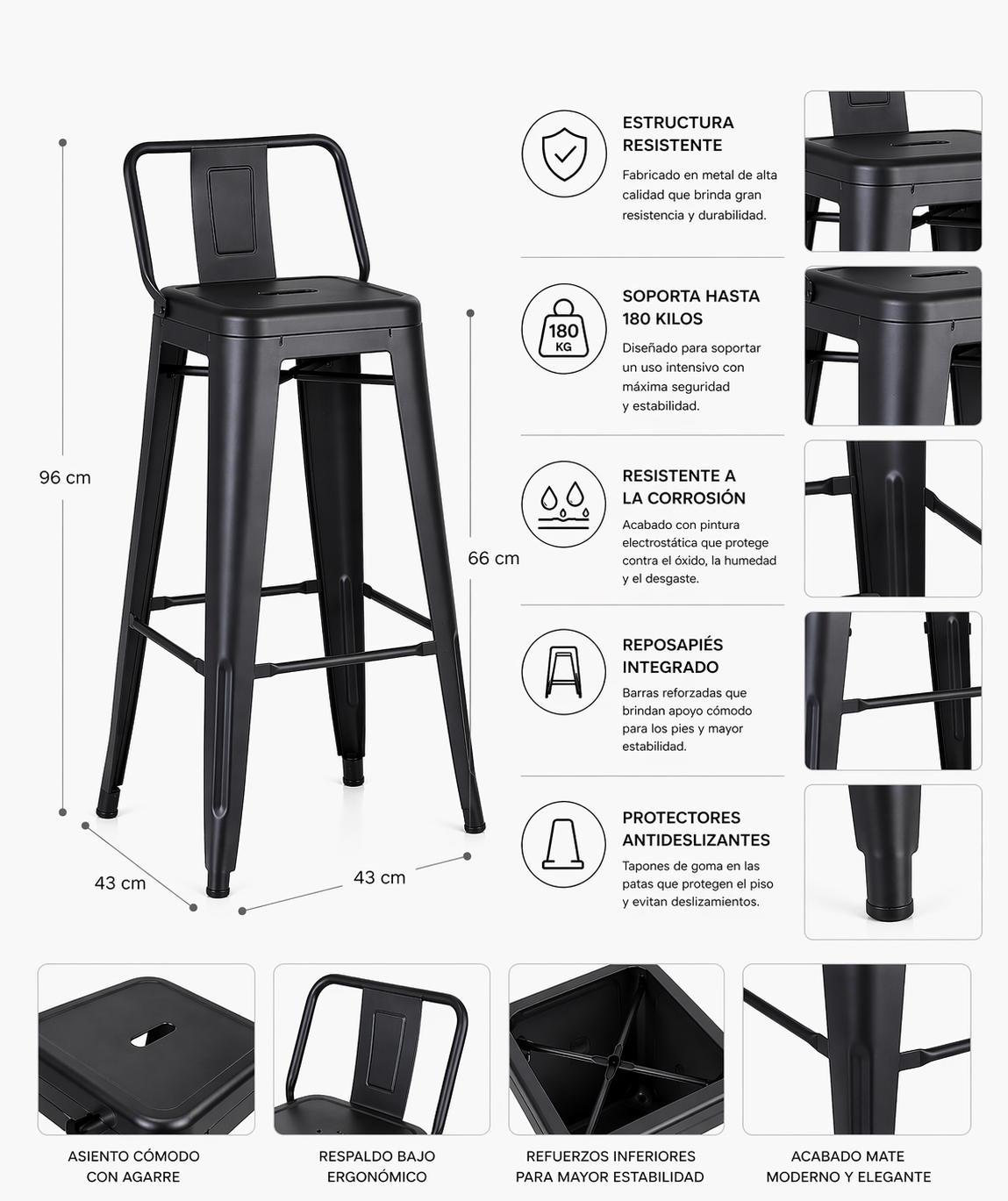 Pack 4 taburetes Tolix negro mate bar o cocina industrial