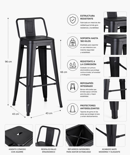 Pack 4 Pisos Taburete Tolix 66 Cm Negro Matte