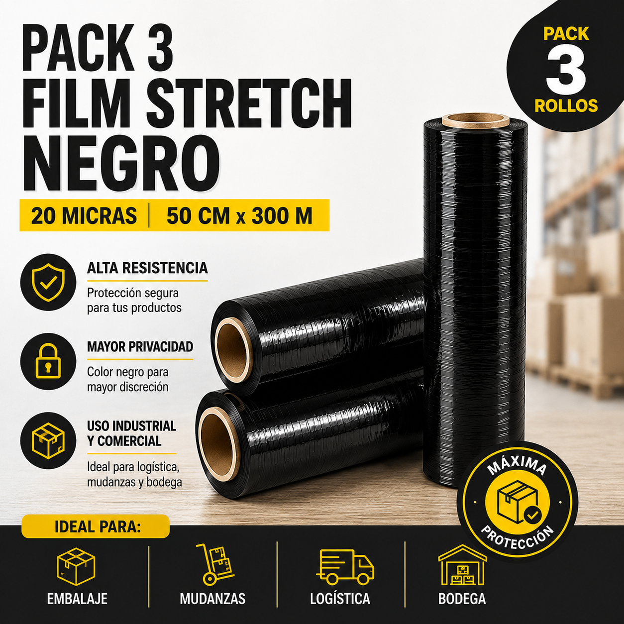 Film stretch negro caja 3 rollos logística y mudanzas