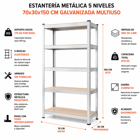 Estantería Metálica 5 Niveles 70x30x150 cm 175 kg Bodega Garage Cocina