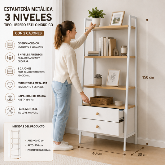 Estantería Metálica Decorativa 4 Niveles con Cajones para Living