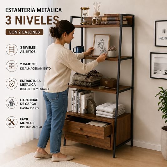 Estantería Decorativa 4 Niveles Madera Cedro y Metal para Living