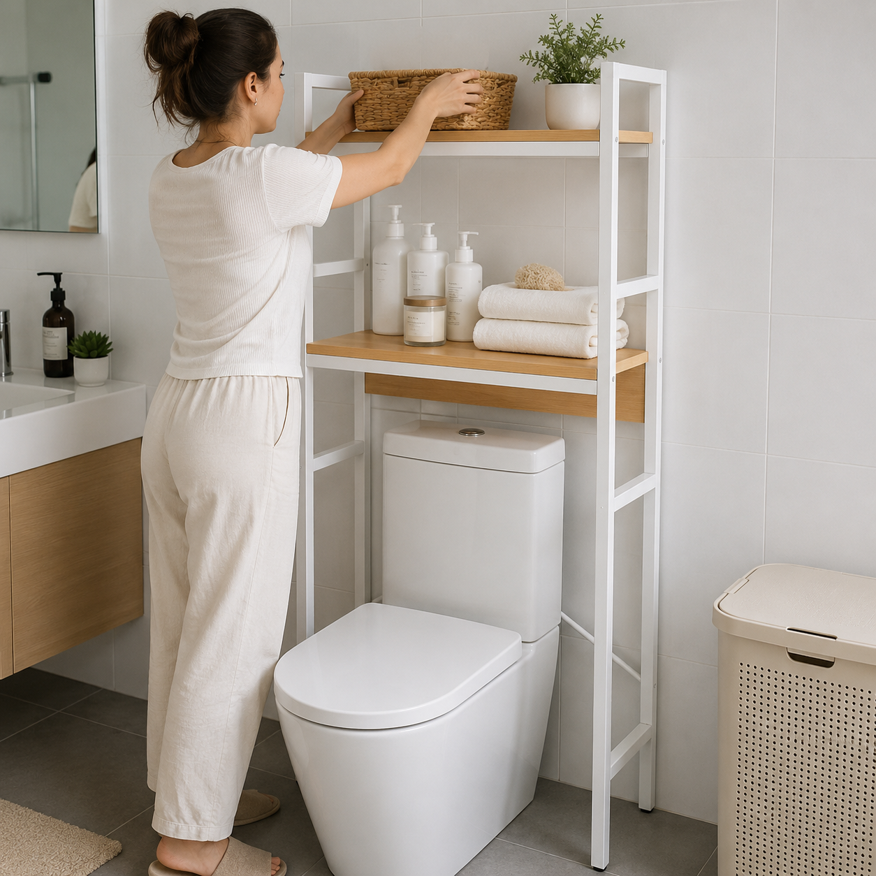 Organizador para baño y lavandería madera y metal 2 niveles
