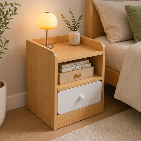 Velador Madera con Cajón 3 Niveles para Dormitorio Estilo Moderno