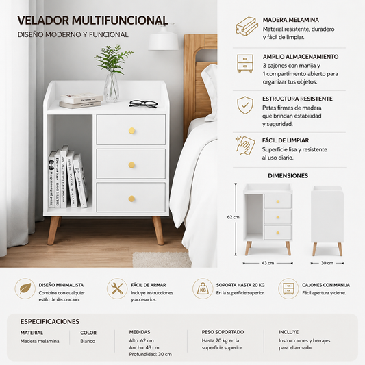 Velador Blanco 3 Cajones 3 Niveles para Dormitorio Organizador