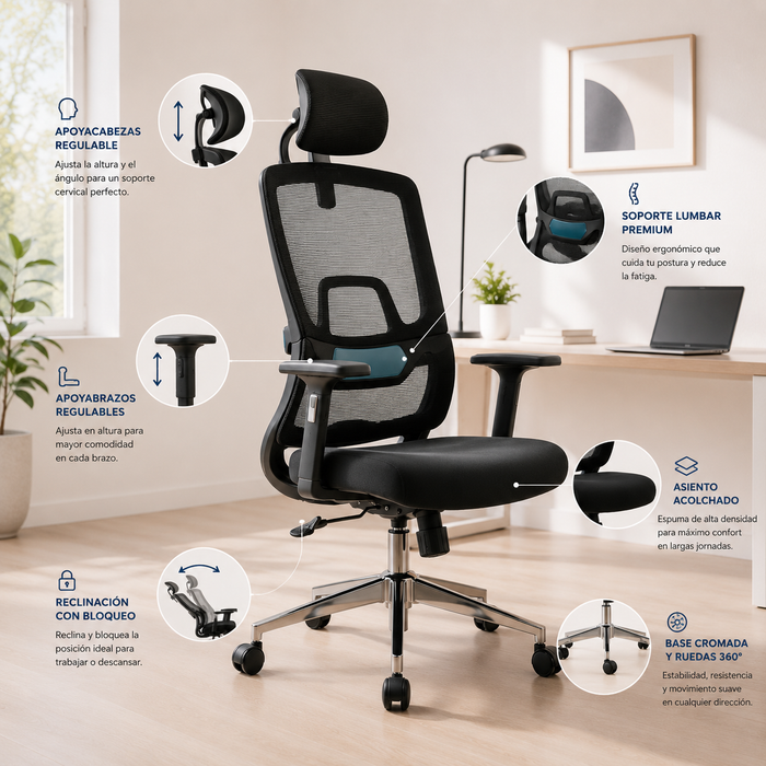 Silla Oficina Computador Ergo Infinity Profesional Reclinable Apoyacabeza Apoyabrazos Regulables