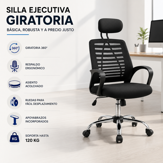 Silla Oficina Computador Basic Ergonómica Apoyacabeza Regulable Apoyabrazos Ruedas Resistentes