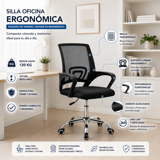 Silla Oficina Computador Ergonómica Negra Malla Mesh Apoyabrazos Pistón Gas 120 kg Home Office