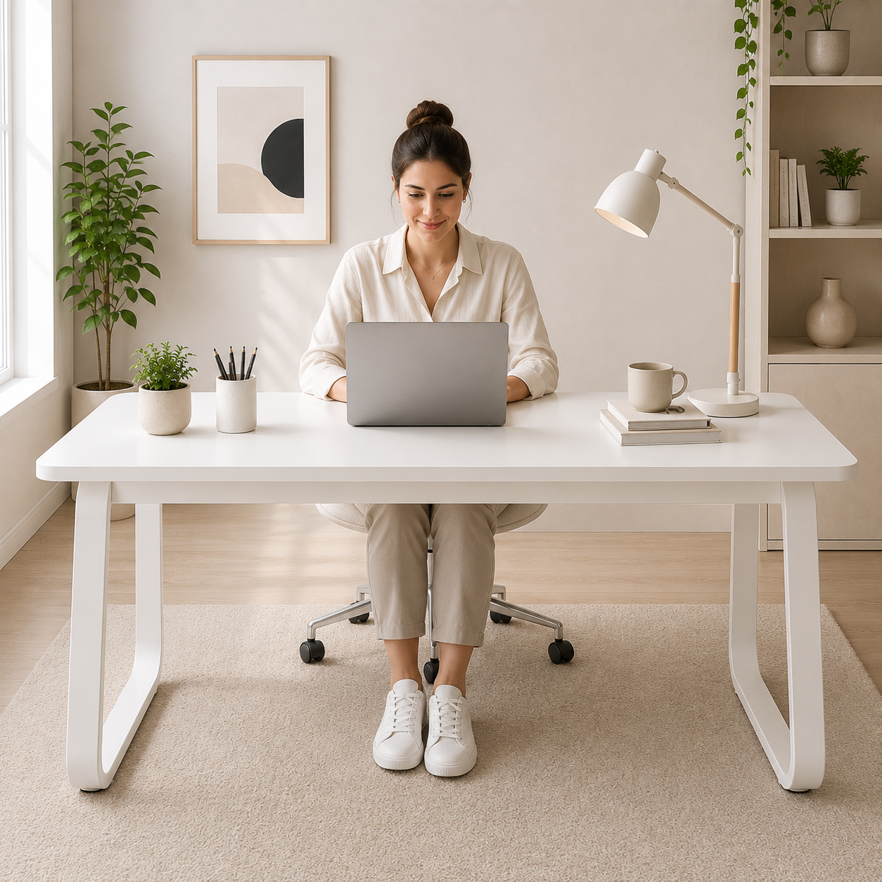 Escritorio Home Office 140x60 cm Blanco Minimalista Patas Metálicas MDF