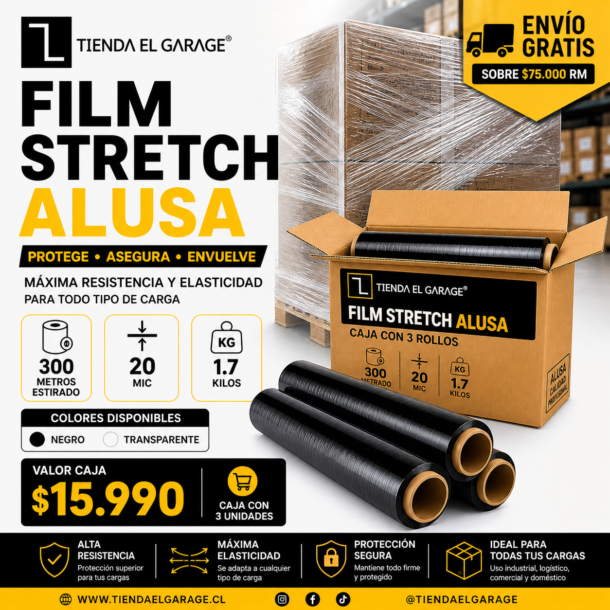 Film stretch negro Alusa detalle rollo 50cm embalaje