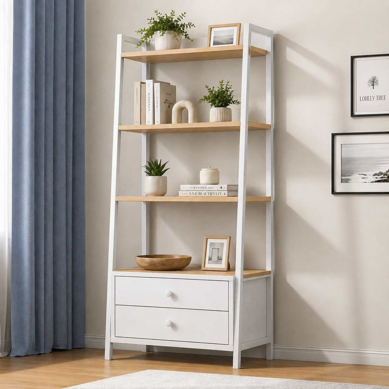 Estantería metálica decorativa 4 niveles con cajones living