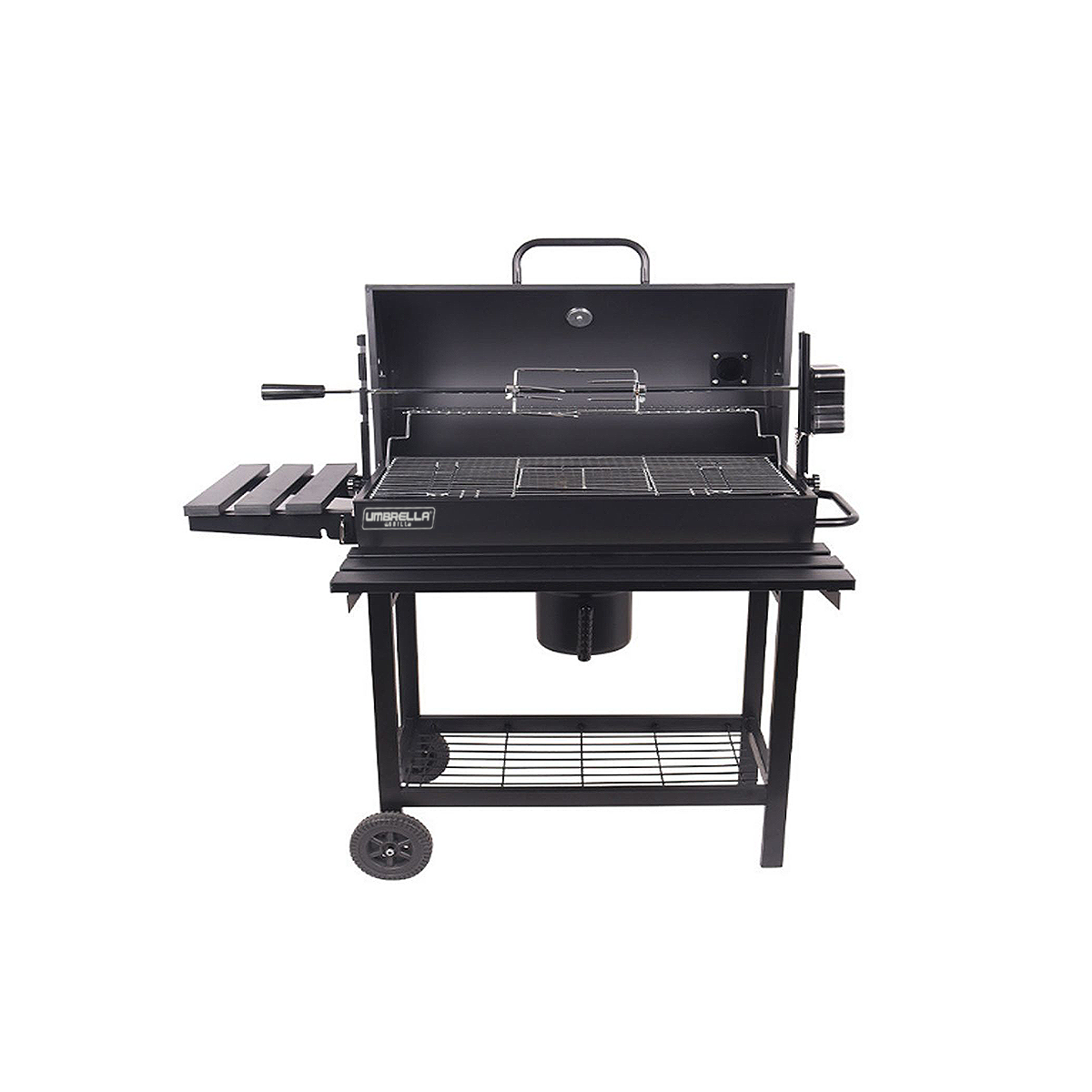 Parrilla Carbón Fogón Spiedo Giratorio Tambor Tapa con termometro Umbrella Grill