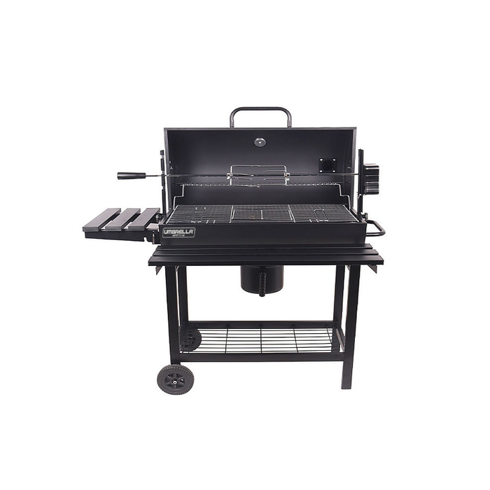 Parrilla Carbón Fogón Spiedo Giratorio Tambor Tapa con termometro Umbrella Grill