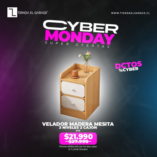 Velador Mesita ZT2 Madera 3 Niveles 2 Cajones Tienda El Garage