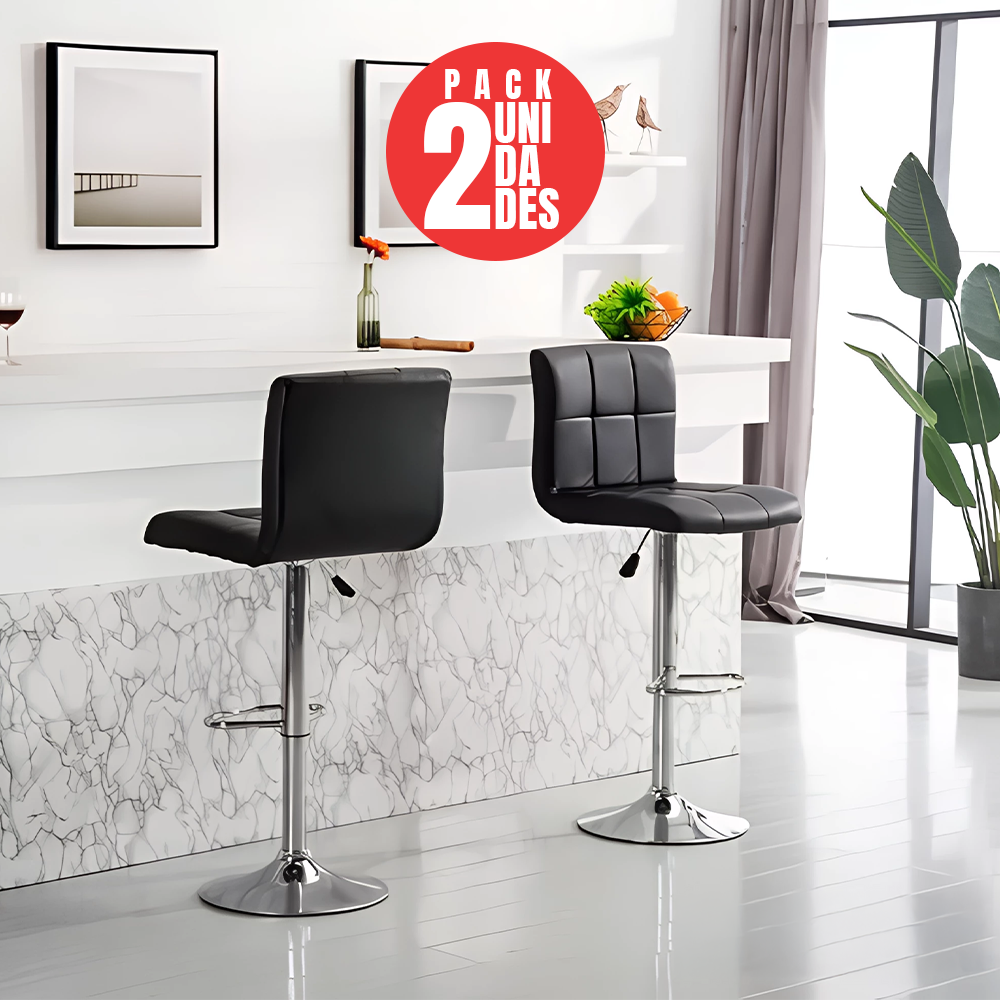 Pack 2 Taburetes piso de Bar modelo Cuadro Regulable Eco Cuero Negro Moderno