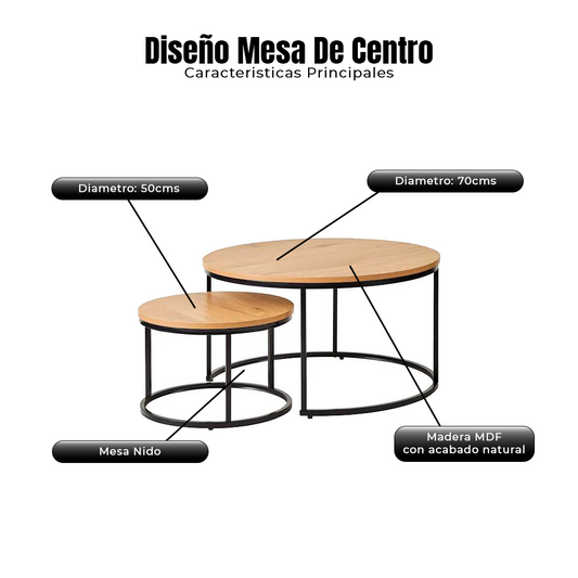 Mesa de Centro Nido 2 Piezas Madera Natural 50/70 cm
